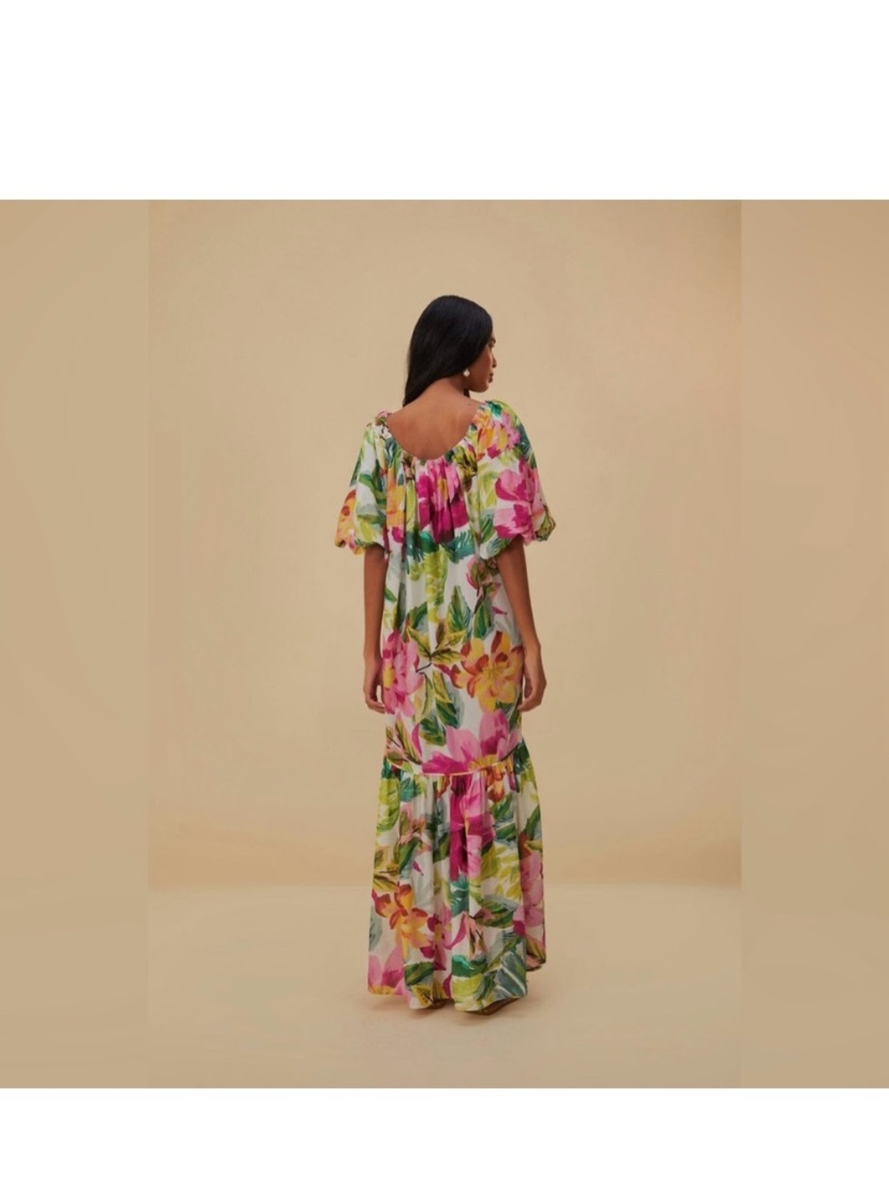 FARM Rio Tropical Pained Floral Puff-Sleeve Maxi Dress in Pink, Green & Yellow - Picture 3 of 8